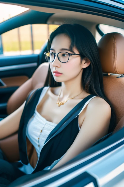 highest quality、masterpiece、High sensitivity、High resolution、One Woman、Slim Body、Glasses、Dozing off、Passenger seat of a car、sleep