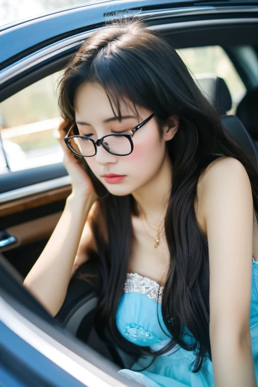 highest quality、masterpiece、High sensitivity、High resolution、One Woman、Slim Body、Glasses、Dozing off、Passenger seat of a car、sleep