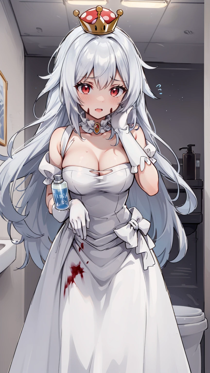 (masterpiece, best quality), intricate details,
1girl, Boosette_Mario, , long hair, white hair, long white dress, ballroom dress, white gloves,
indoors, bathroom, toilet, urinal, torn clothes, blood on face, scared,