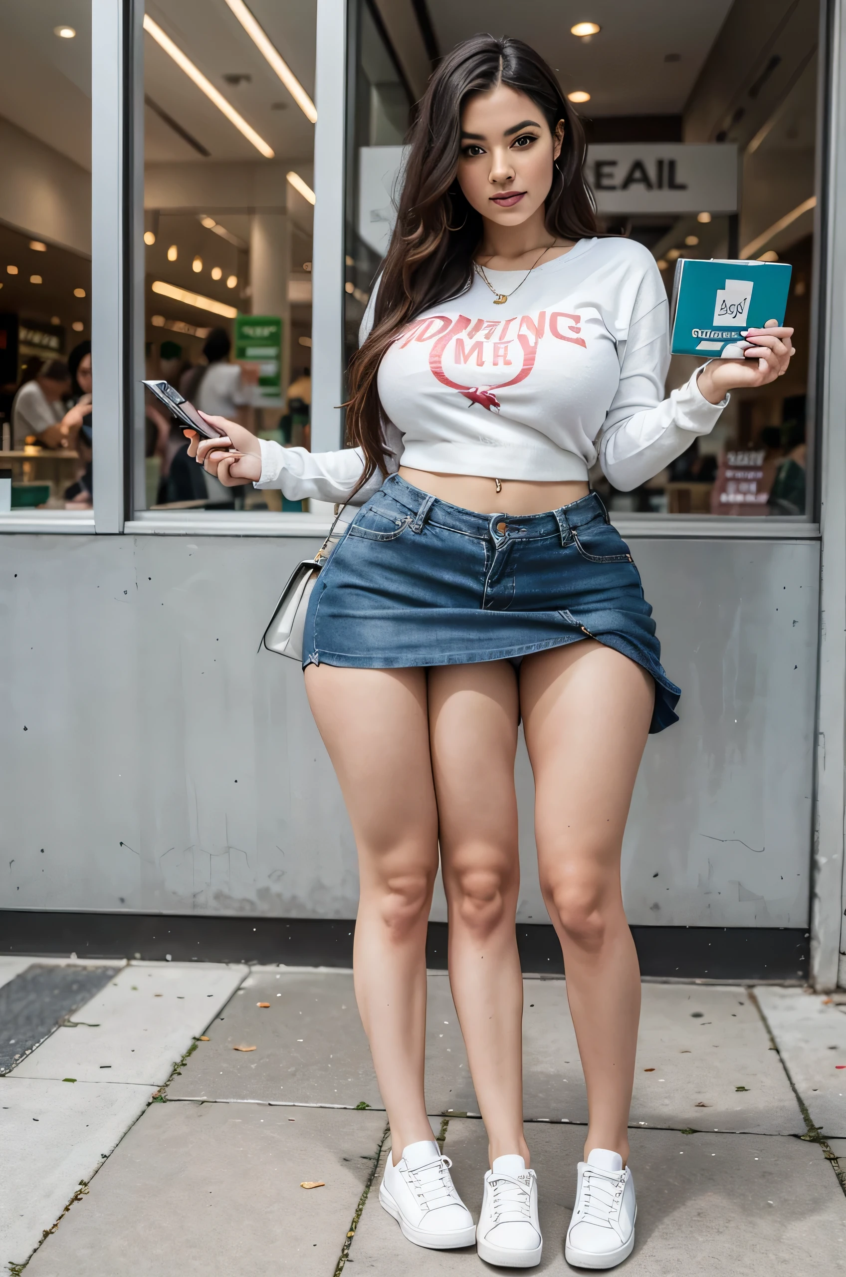 trileg, beautiful woman with three curvy legs, shopping in a mall, casual outfit with skirt, casual white sneakers, age 29, Irish,