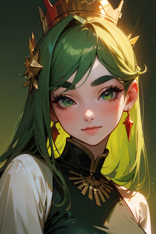 (highest quality, masterpiece:1.2), High resolution, Very detailed, Realistic:1.37, Fantasy, An illustration, Green Eyes、Queen, Red and green swimsuit、Platinum decoration、beautifully、Eyeshadow Red、Thick eyebrows、Long eyelashes、pupils are black、Her hair is dark green、Gold crown、Kissing Face、Embarrassing、Beloved by the crowd、Hair is green、Braiding、hair ornaments、Laugh gently、Close one eye、Wink、Wink、From the waist up。