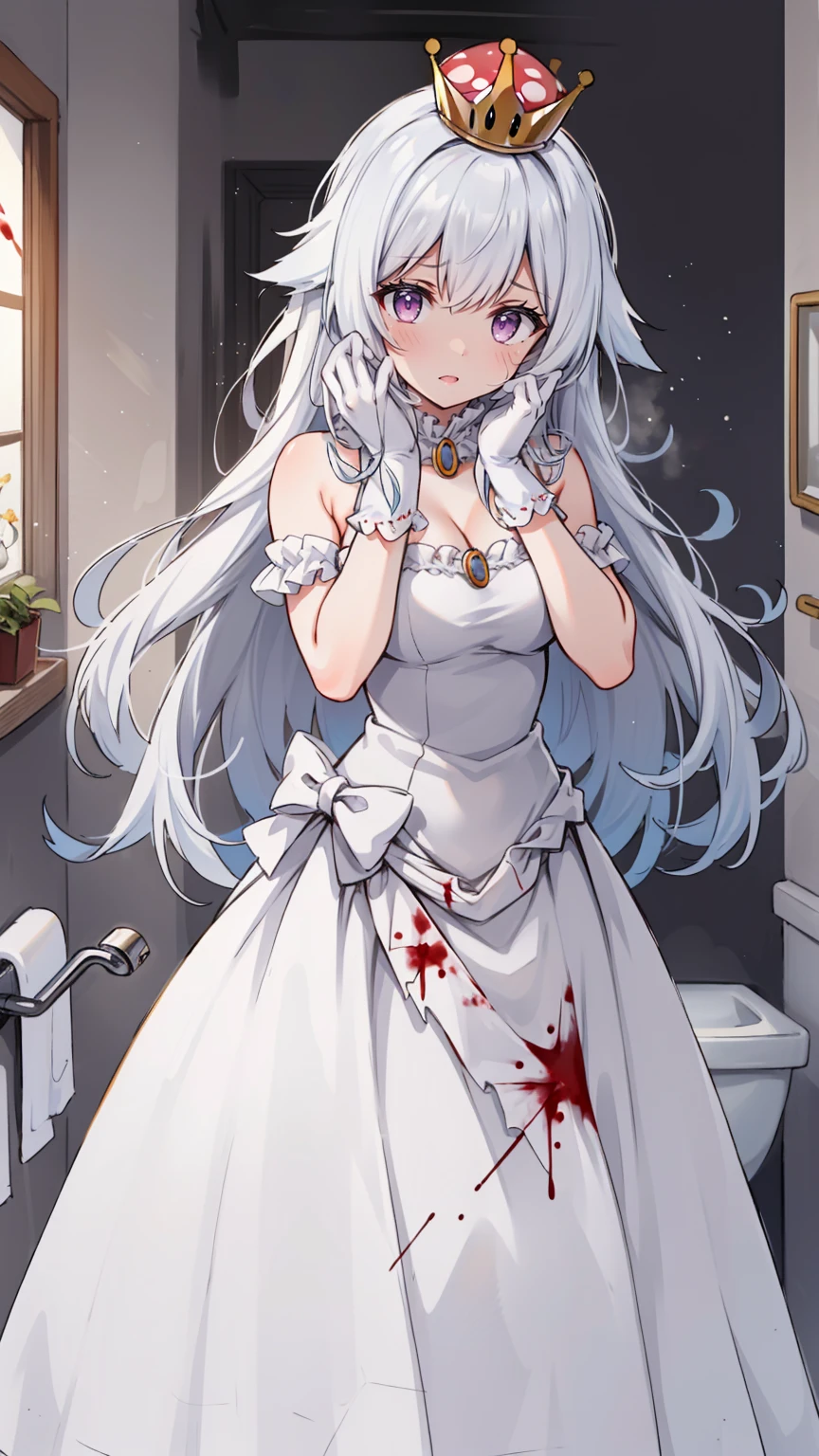 (masterpiece, best quality),  intricate details,
1girl,    Boosette_Mario, , long hair, white hair, long white dress, ballroom dress, white gloves, 
indoors, bathroom, toilet, urinal,  torn clothes, blood on face, scared,