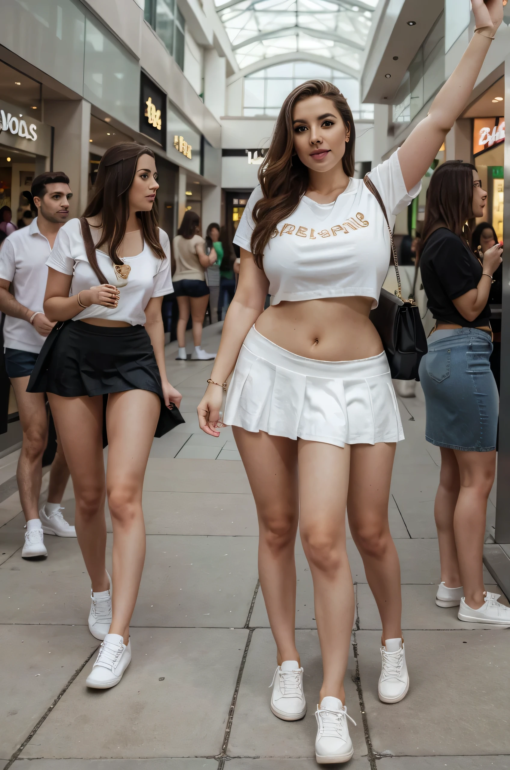 2 girls, beautiful woman with three curvy legs, shopping in a mall, casual outfit with skirt, casual white sneakers, age 29, Irish,