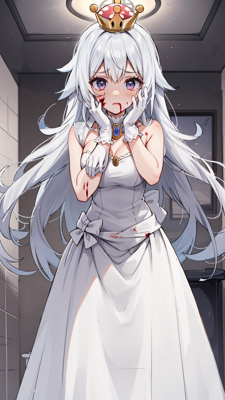 (masterpiece, best quality),  intricate details,
1girl,    Boosette_Mario, , long hair, white hair, long white dress, ballroom dress, white gloves, 
indoors, bathroom, toilet, urinal,  torn clothes, blood on face, scared,