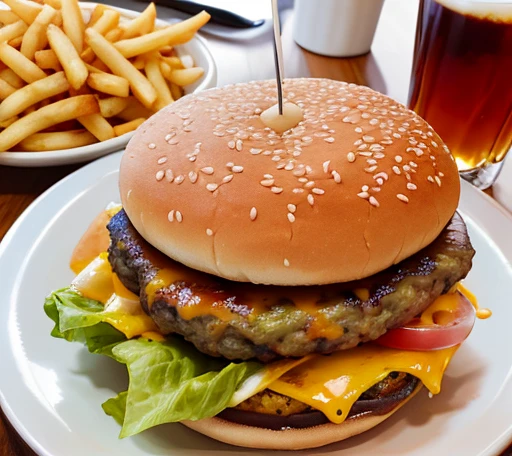 food,Cheeseburger and fries in real life, High resolution, 8k ((realism)), extremely high quality RAW photograph, Super detailed photos, Sharp focus, High resolution, high quality, Film Grain, Fujifilm XT3,Very detailed,