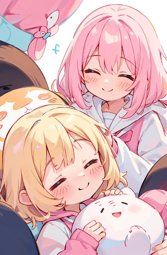 ((masterpiece, best quality))zPDXL2, score_9, score_8_up, score_7_up, score_6_up, score_5_up, score_4_up, (2girls:1.2), multiple girls, 1girl white fabric skin pink hair closed eyes sailor dress ((((no nose)))) BREAK , 1girl white fabric skin blonde hair pink hoodie smile , chibi