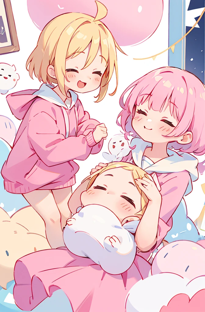 ((masterpiece, best quality))zPDXL2, score_9, score_8_up, score_7_up, score_6_up, score_5_up, score_4_up, (2girls:1.2), multiple girls, 1girl white fabric skin pink hair closed eyes sailor dress ((((no nose)))) BREAK , 1girl white fabric skin blonde hair pink hoodie smile  , chibi