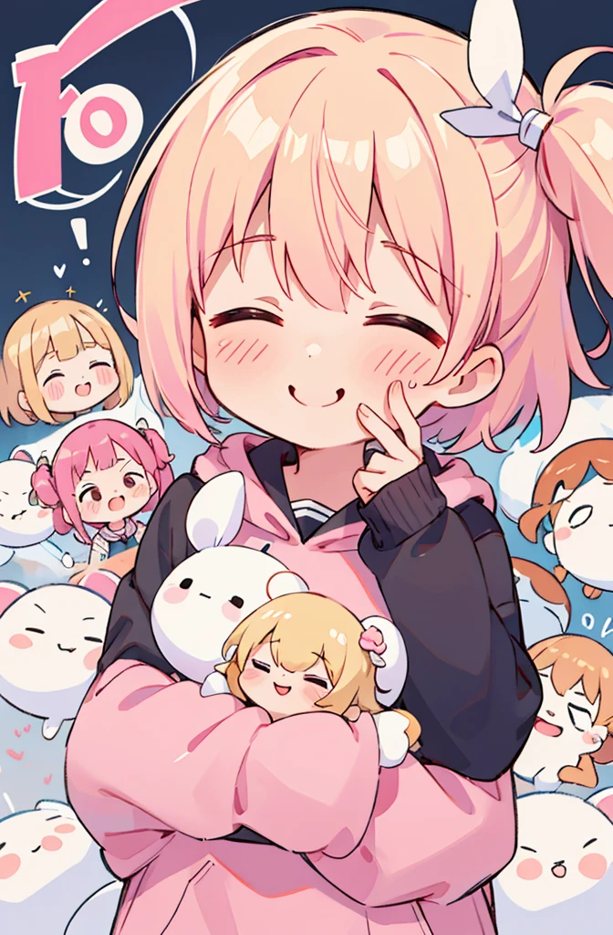 ((masterpiece, best quality))zPDXL2, score_9, score_8_up, score_7_up, score_6_up, score_5_up, score_4_up, (2girls:1.2), multiple girls, 1girl white fabric skin pink hair closed eyes sailor dress ((((no nose)))) BREAK , 1girl white fabric skin blonde hair pink hoodie smile  , chibi