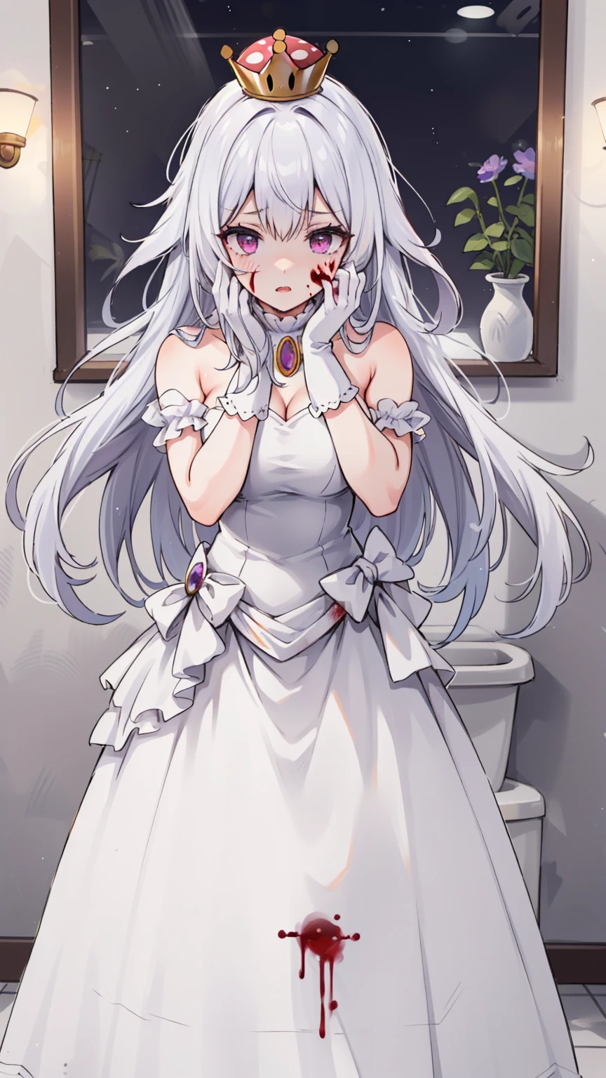 (masterpiece, best quality),  intricate details,
1girl,    Boosette_Mario, , long hair, white hair, long white dress, ballroom dress, white gloves, 
indoors, bathroom, toilet, urinal,  torn clothes, blood on face, scared, (purple eyes)