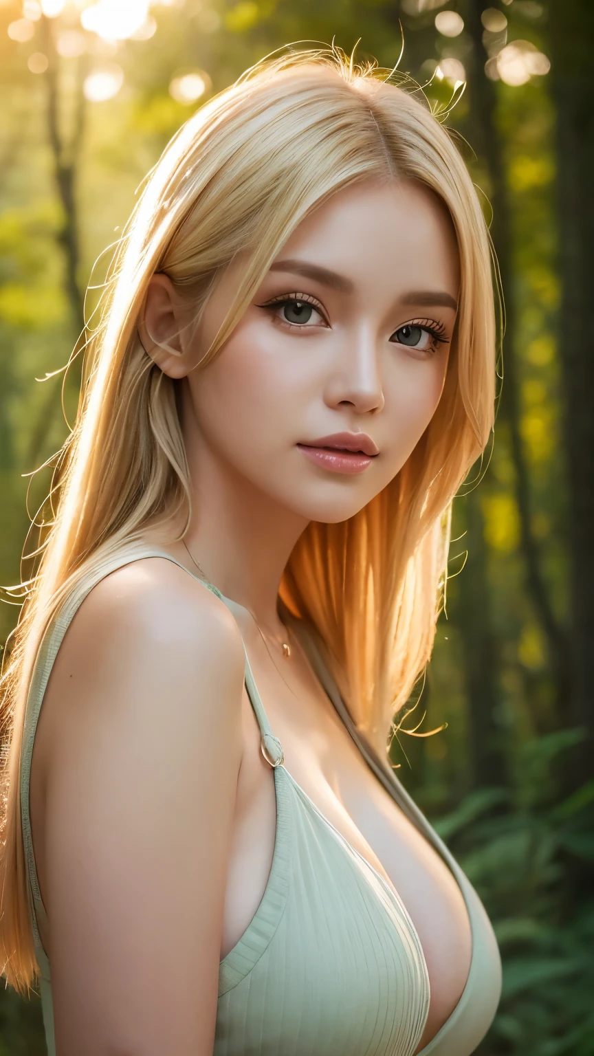Close-up portrait, Sexy SS Blonde, parted lips, lips, Casual Dresses, View your audience, Forest Background, Sunset Light, Realistic、Large Breasts、Cleavage