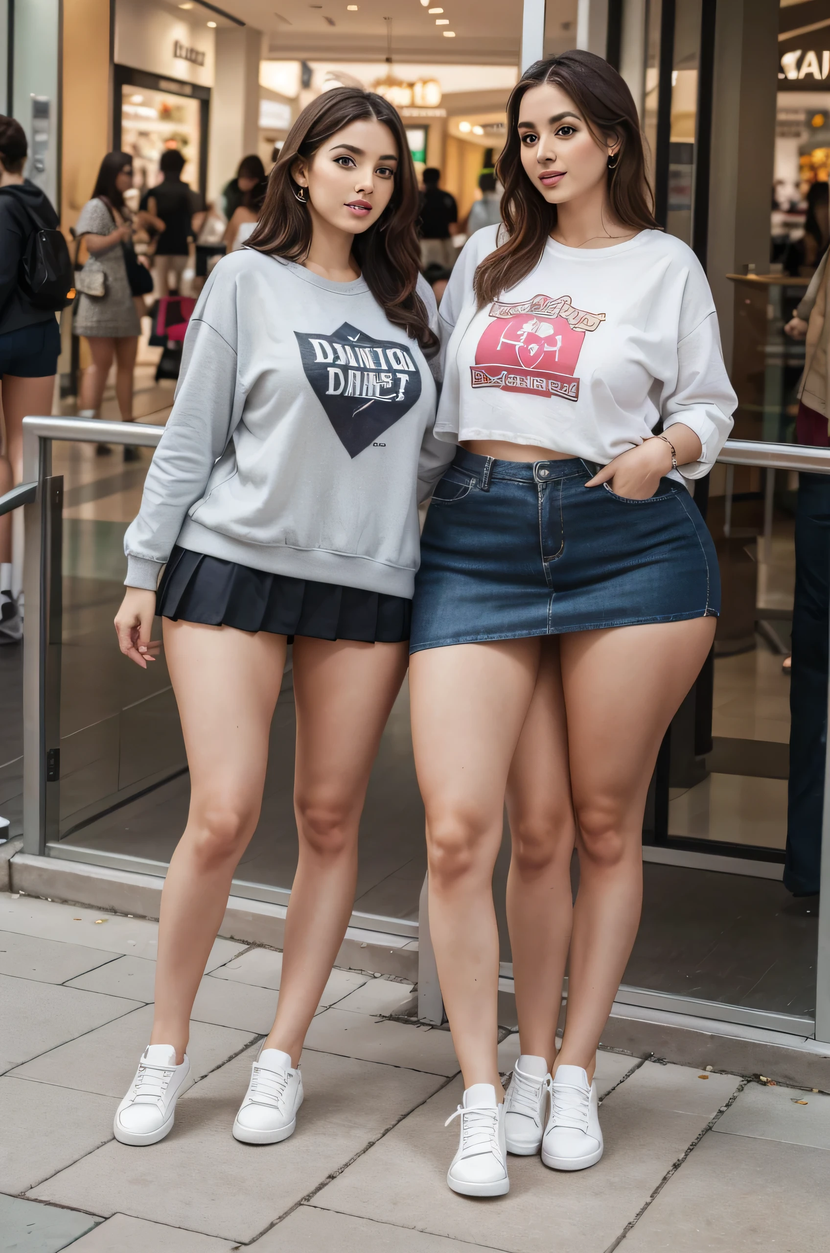trileg, beautiful woman with three curvy legs, shopping in a mall, casual outfit with skirt, casual white sneakers, age 29, Irish,