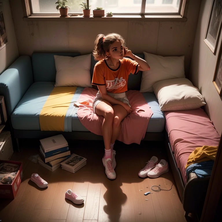 Fotografia imagem premiada, cinematic, (((ano de 1985))), um quarto de mocinha adolescente, except madonna, quarto feminino de adolescente, (((sem janela))), quarto, sofa, Shoes, clothes on the floor, very messy, Roupa interior feminina, calcinhas, (detalhes super detalhados), (CG super detalhado: 1.2), Photographic Style, posters de astros anos 1980s, cinematic lighting, pc para jogos, cadeira de jogos, Hiper realista, super realistic, 8K.