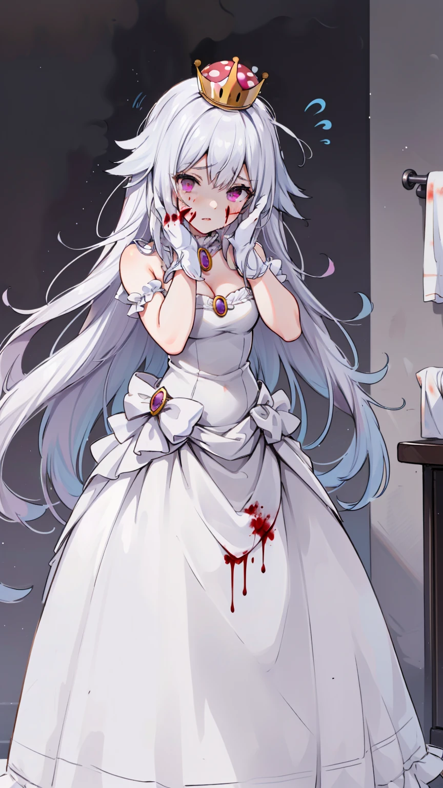 (masterpiece, best quality), intricate details,
1girl, Boosette_Mario, , long hair, white hair, long white dress, ballroom dress, white gloves,
indoors, bathroom, toilet, urinal, torn clothes, blood on face, scared, (purple eyes)