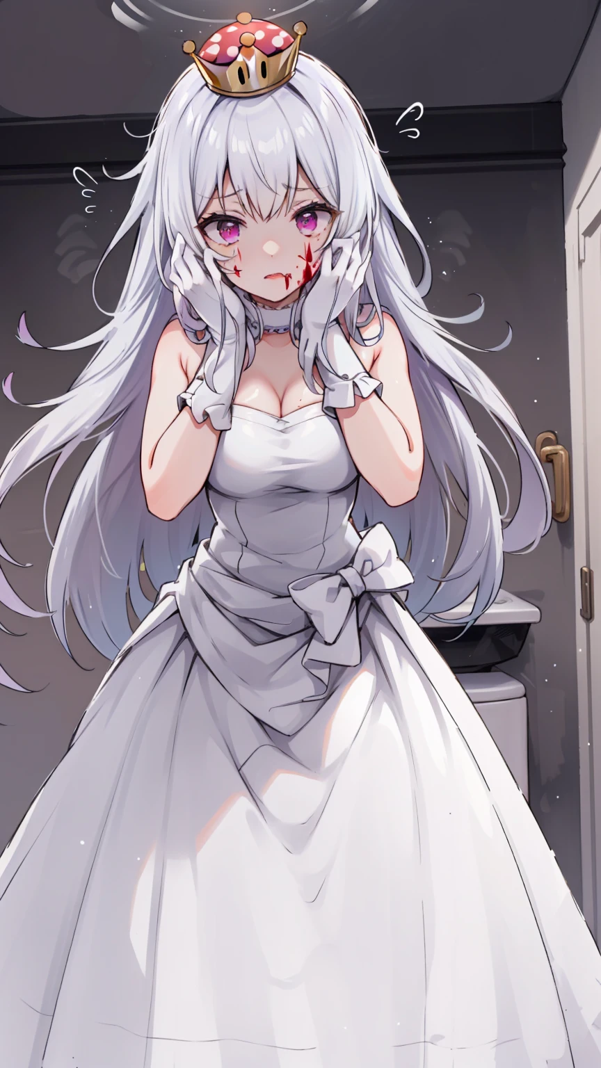 (masterpiece, best quality),  intricate details,
1girl,    Boosette_Mario, , long hair, white hair, long white dress, ballroom dress, white gloves, 
indoors, bathroom, toilet, urinal,  torn clothes, blood on face, scared, (purple eyes)