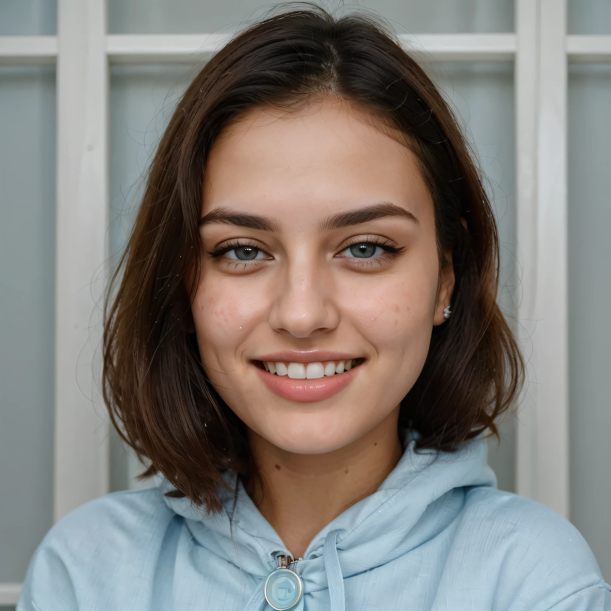 (8k, highest quality, ultra detailed:1.37, mid-range image),1girl, white teethes, small nose, big eyes, 18yo, blue jacket, in a dentist clinic, setting on the dentist chair, light blue eyes, small head, acne,bad skin,small nose, acne skin, real, thick hair, super realistic detailed eyes, super realistic detailed teethes, Arab women, modest, attractive smile, white teeth, showcases her unique fashion sense in a trendy setting. The high-resolution image captures ultra-detailed realism, highlighting confident pose, captivating eyes, big eyes, and flawless complexion.