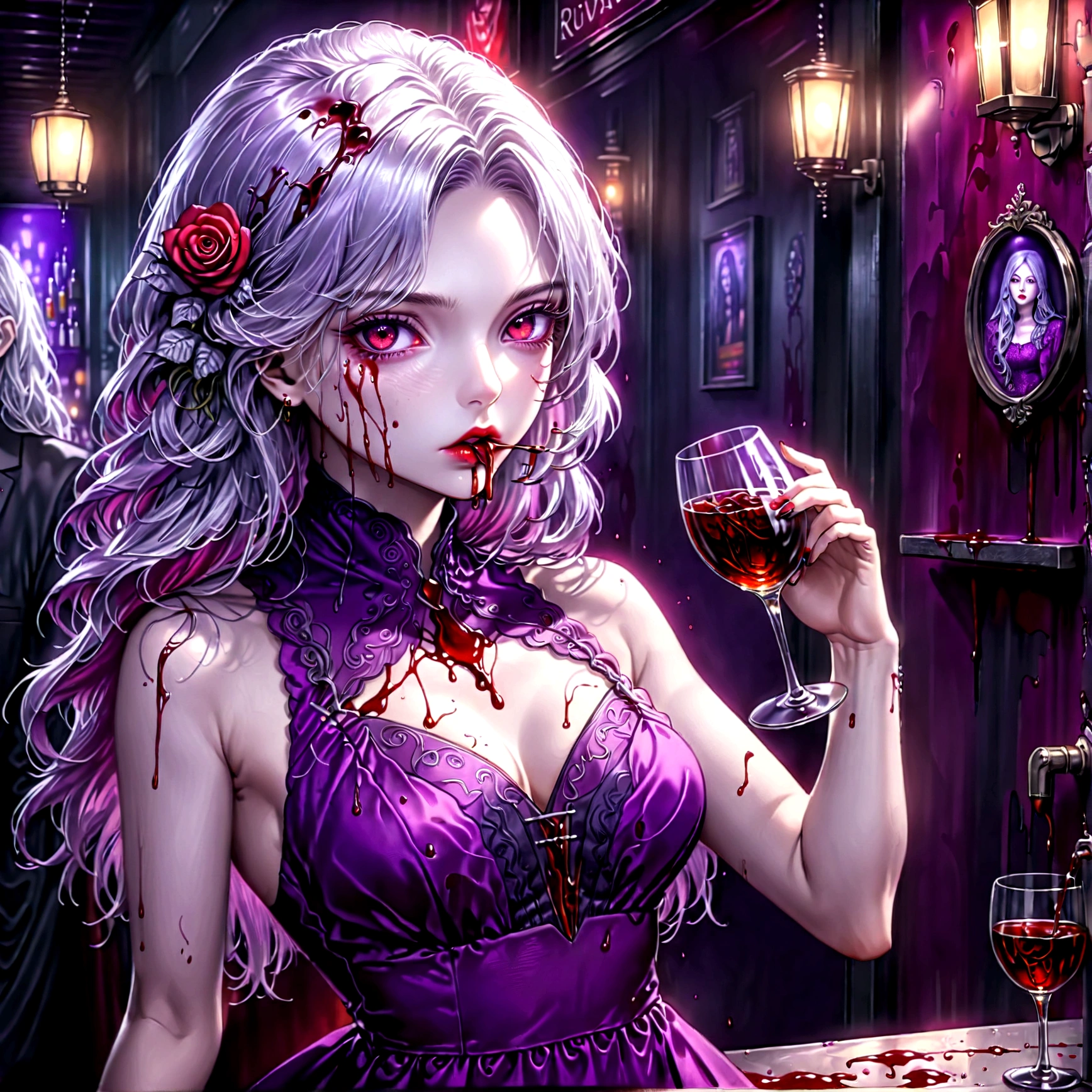 Arafed, dark fantasy art, glamour shot, award winning shot, photorealistic, a portrait of a female vampire drinking a glass of blood,, silver hair, long hair, red lips, glowing eyes, there is an imprint of ((white rose)), dynamic color, she wears, an elegant (purple dress: 1.5), blood dripping from lips, cyberpunk bar background, 16k, ultra detailed, masterpiece, best quality, (extremely detailed), Dark Art Painting Style, GlowingRunesAI_red, ((realistic colors)) 