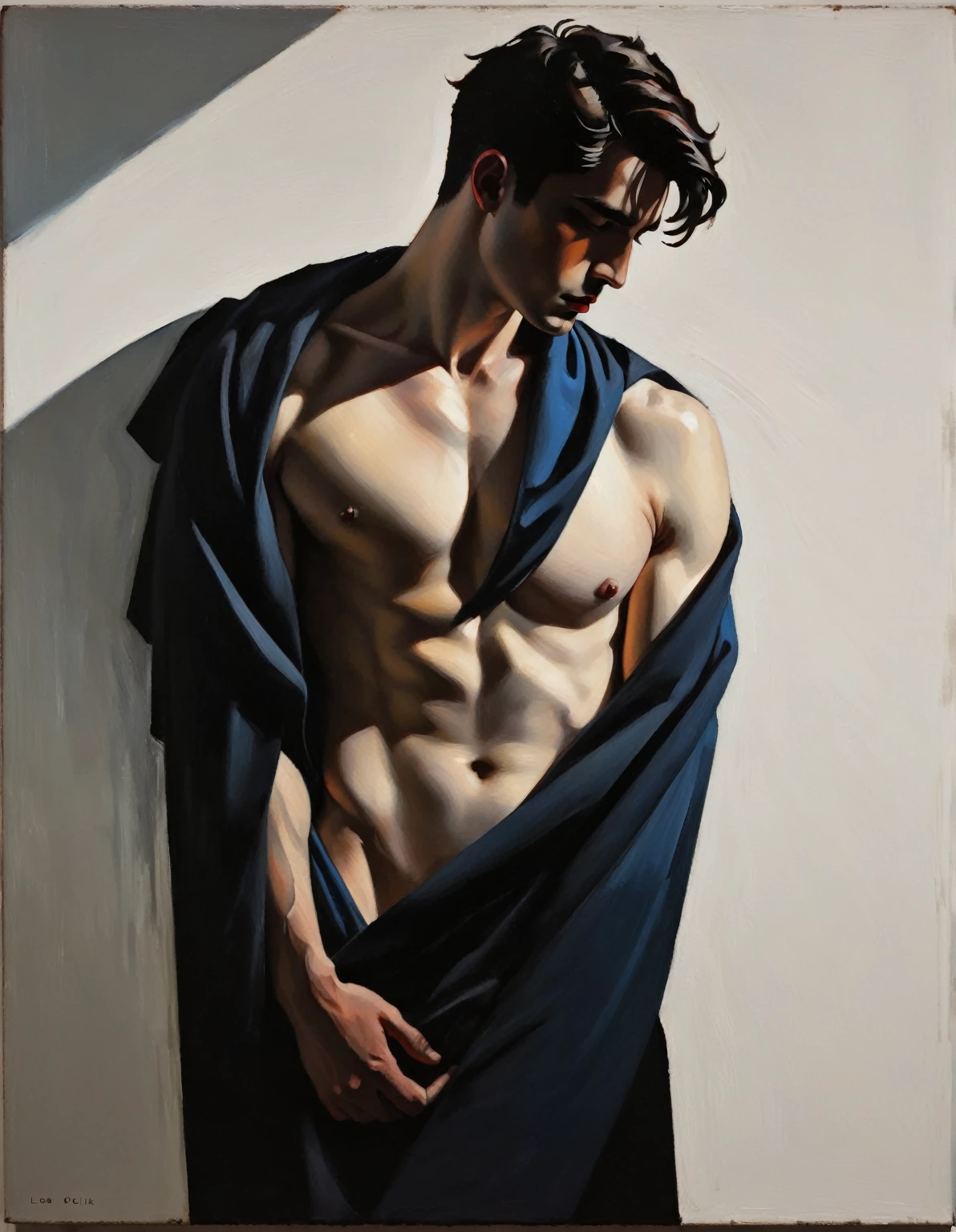 chiaroscuro technique on sensual illustration of an arafed man resting in white blanket, sexy masculine, model with attractive body, inspired by Ludovit Fulla, mid-shot of a hunky, the model draped in flowing, thick oil painting by Harumi Hironaka, extremely soft colors, vibrant, highly detailed, malcolm liepke painting, oil on canvas, high contrast, dramatic, refined, tonal, Create high contrast between light and shadow by Leon Polk Smith, memphis abstract minimal art, graphic shapes, minimal art, blue and red, minimal art style, bauhaus art, inspired by El Lissitzky, bold simple shapes, shadow
