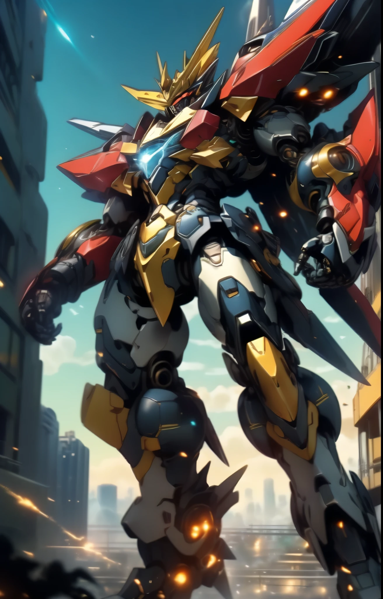Humanoid Mecha, fully enclosed shoulder guards, matching arm and leg guards, full body, full armor, the design balances heavy with agility, (the color scheme is primarily white with red and blue accents, the concept Inspired by Super robot, organic biotech armor, standing, floating high above the futuristic sci-fi city), exquisite and mature art style, (aura effect, energy, glowing eyes, the armor glows), ((SRS)), metallic, dynamic, dramatic, high definition, best quality, highres, ultra-detailed, ultra-fine painting, extremely delicate, professional, perfect body proportions, anatomically correct, symmetrical face, extremely detailed eyes and face, high quality eyes, creativity, RAW photo, UHD, 32k, Natural light, cinematic lighting, masterpiece-anatomy-perfect, masterpiece:1.5