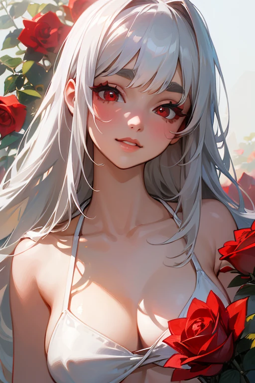 (highest quality, masterpiece:1.2), High resolution, 最高masterpiece、Very detailed, Realistic:1.37, Fantasy, An illustration,Gray Hair、 Red eyes、Queen, White and red swimsuit、beautifully、Eyeshadow Red、Thick eyebrows、Long eyelashes、pupils are black、shiny on the lips、Top Sites、Queen、Princess、A kind smile、Show your teeth a little and smile、Soft impression、people々々々々々々々Loved by、Slimming the face、Kissing Face、Long white hair、Shaggy Bangs、Save face image、Long straight line、Many roses in the background、White and red 、