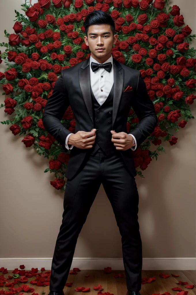 a young man, Indonesian, age 20, perfect face, sharp nose, beautiful lips, perfect body, natural muscles, full body, dashing, slim body, abdominal muscles, A young asian man with short dark hair wearing a black tuxedo surrounded by red roses