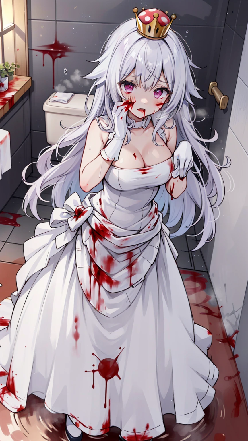 (masterpiece, best quality),  intricate details,
1girl,    Boosette_Mario, , long hair, white hair, long white dress, ballroom dress, white gloves, 
indoors, bathroom, toilet, urinal,  torn clothes, blood on face, scared, (purple eyes), (drenched on Blood), (((bath on Blood))), (((Blood)))