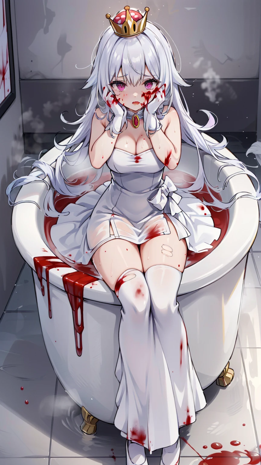 (masterpiece, best quality),  intricate details,
1girl,    Boosette_Mario, , long hair, white hair, long white dress, ballroom dress, white gloves, 
indoors, bathroom, toilet, urinal,  torn clothes, blood on face, scared, (purple eyes), (drenched on Blood), (((bath on Blood))), (((Blood)))