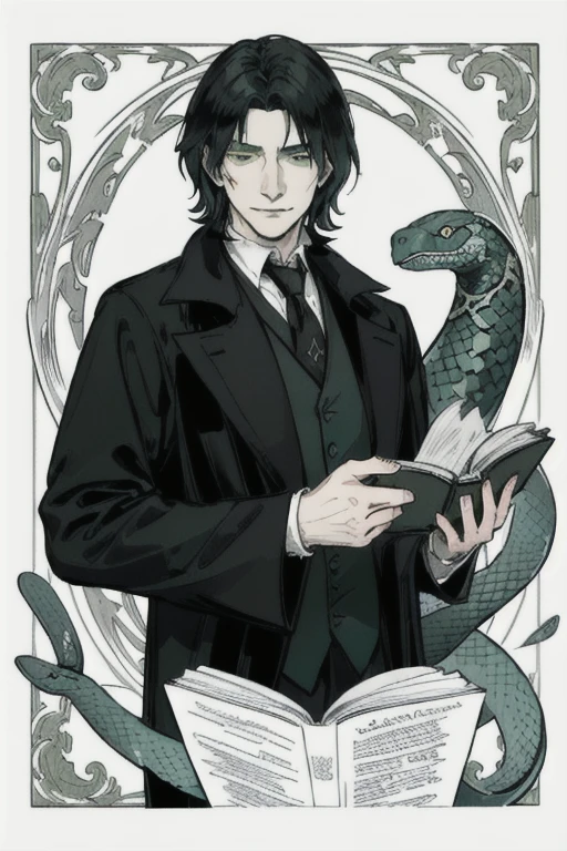 masterpiece, best quality, severus snape, handsome, smirking, looking_at_viewer, half body portrait, posing, open book, potion bottles, green magics, snake