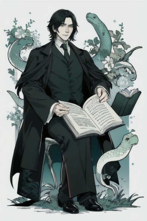 masterpiece, best quality, severus snape, handsome, smirking, looking_at_viewer, half body portrait, posing, open book, potion bottles, green magics, snake