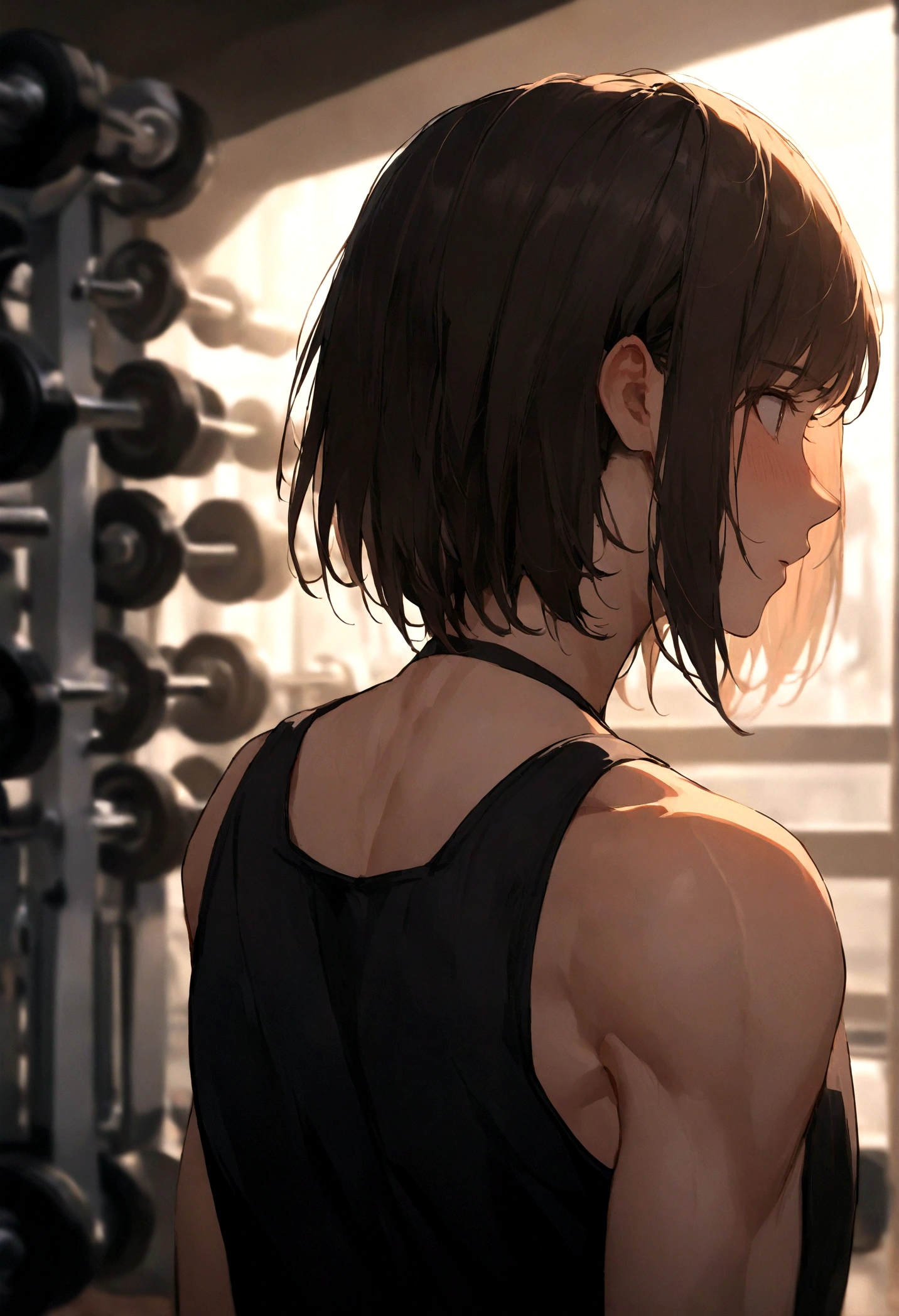 prospect, Slow 55mm Canon, Volumetric Lighting, Fujifilm XT3 lens, Upper body portrait, A young white girl, muscular, Very worried expression, 18 years old, 浅棕色short hair, short hair, Straight Hair, Host a short regatta, High resolution image of the back of dumbbells in the gym, Detailed texture, True depth of field