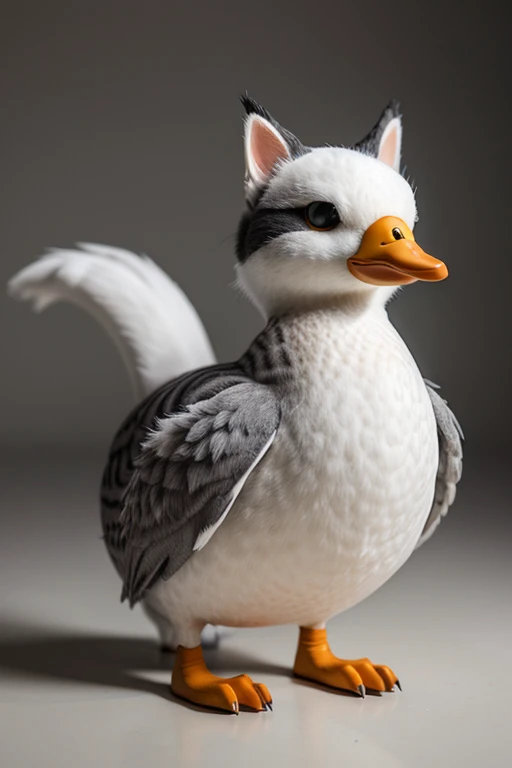 create a new creature that has parts of a grayish cat with big fur and a white duck with orange beak and legs
