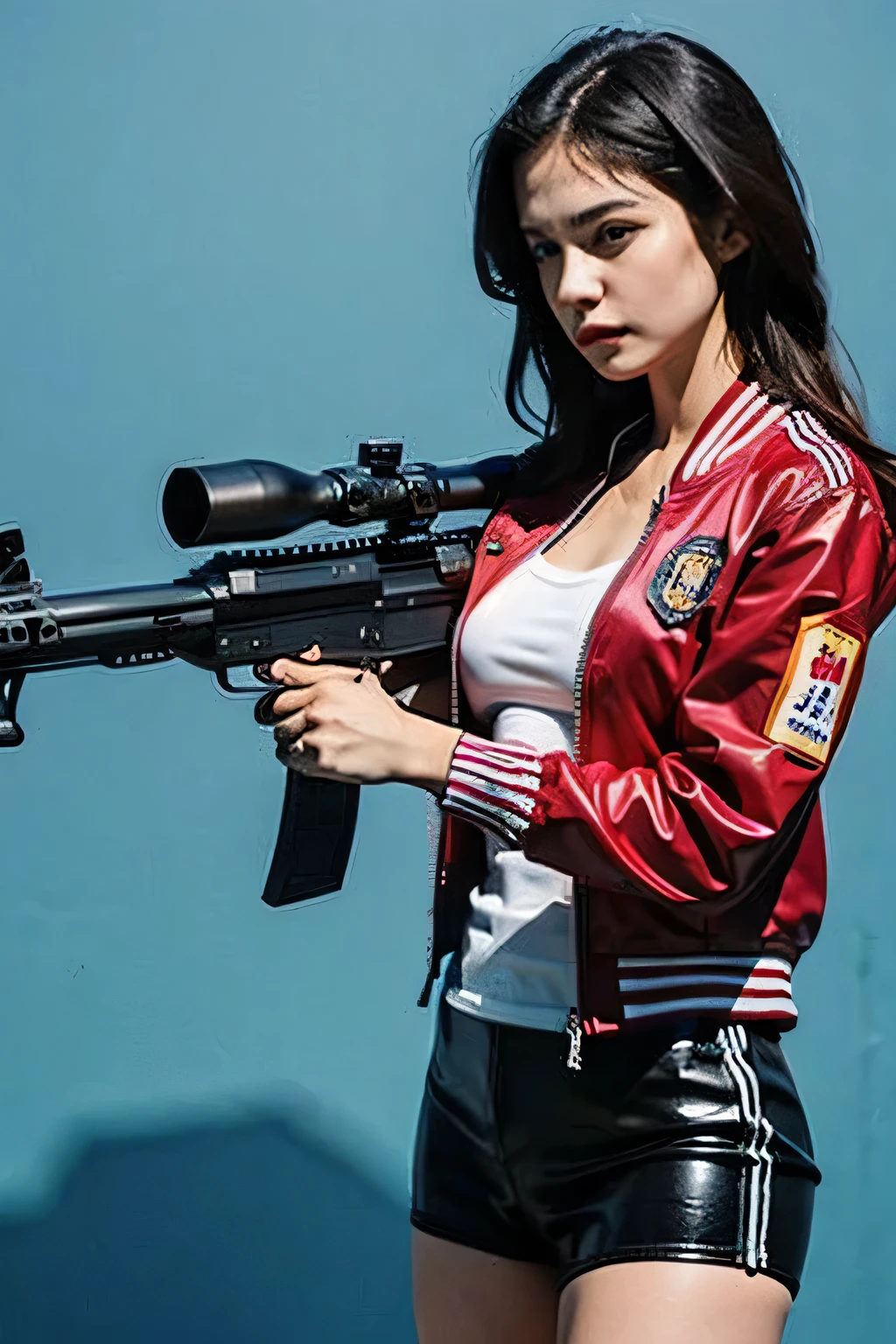 gun, ammo, simple_background, , english_text, 1girl aiming assault rifle, shooting, satin jacket outfit