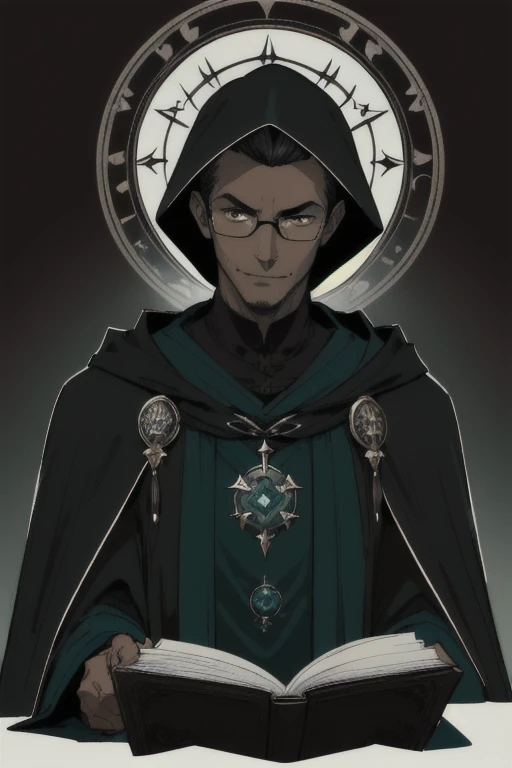 1 man, dark toned skin, black short hair, brown eyes, black rimmed glasses, black wizard robes with hood, evil necromancer magic, handsome, brown skin tone, dark green and teal magics, looking at viewer, arrogant, smirking, magic runes, best quality, half body portrait, open book, casting magics