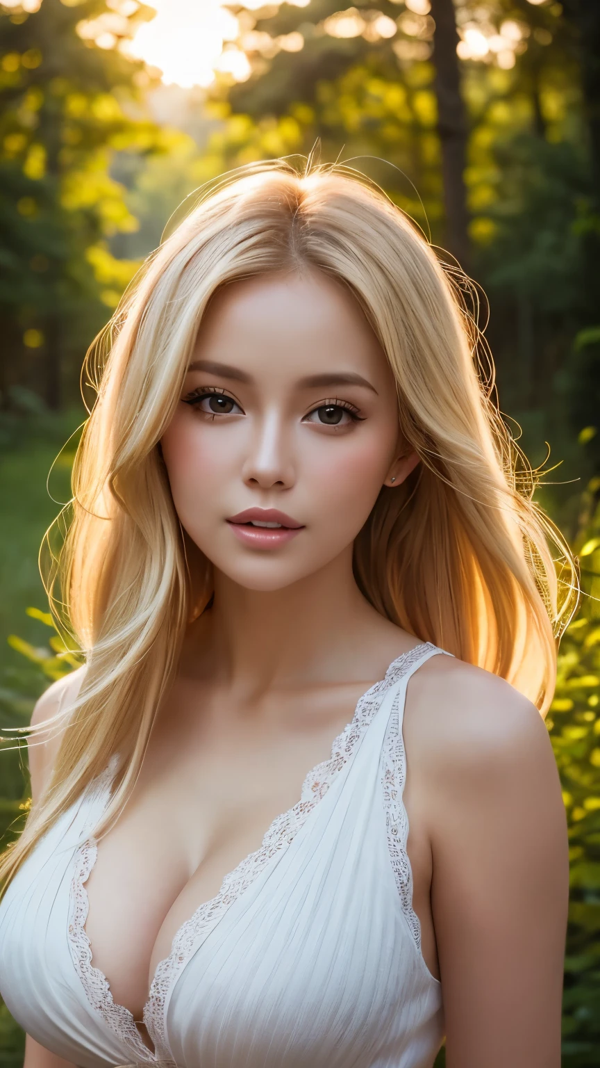 Close-up portrait, Sexy SS Blonde, parted lips, lips, Casual Dresses, View your audience, Forest Background, Sunset Light, Realistic、Large Breasts、Cleavage