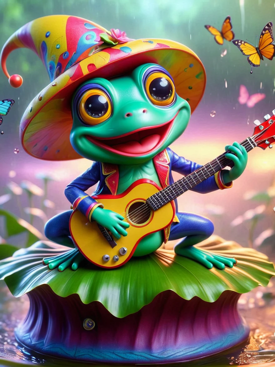 (chibi),Cute frog on lotus leaf, ((Playing guitar)), concert, big eyes, shiny, Wearing chaotic and colorful clothes, Long legs, Interesting concept art, Colorful butterflies in the sky, Soft and beautiful picture, (Rainy Day), dew, full-body shot, Cartoon Style, Created with C4D and Blender, precise, Blind box toy styles, Super Detail, anatomically correct, masterpiece, accurate, award winning, 8k, Panorama, Wide Angle, 1fkxc1