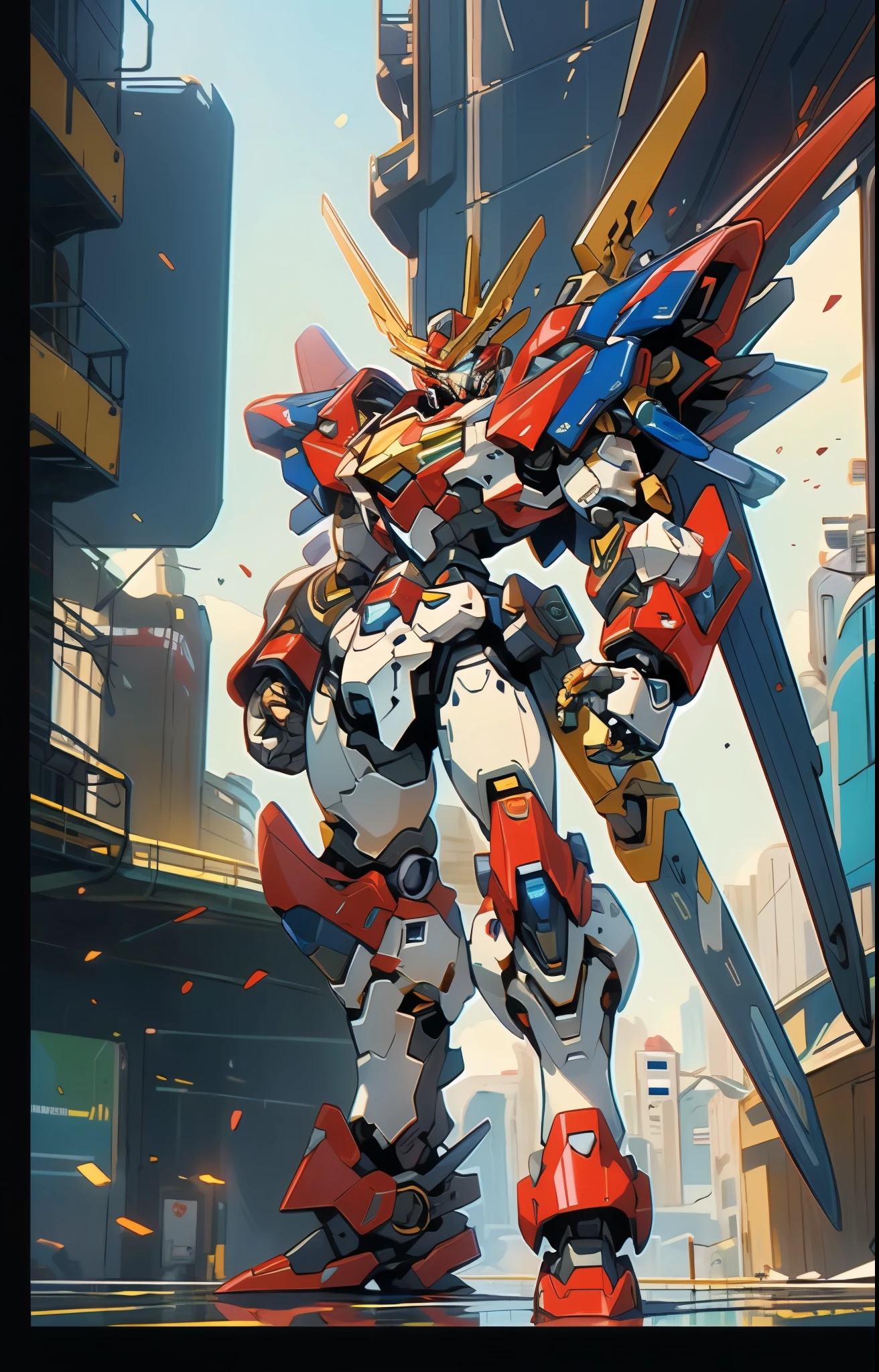 Humanoid Mecha, fully enclosed shoulder guards, matching arm and leg guards, full body, full armor, the design balances heavy with agility, (the color scheme is primarily white with red and blue accents, the concept Inspired by Super robot, organic biotech armor, standing, floating high above the futuristic sci-fi city), exquisite and mature art style, (aura effect, energy, glowing eyes, the armor glows), ((SRS)), metallic, dynamic, dramatic, high definition, best quality, highres, ultra-detailed, ultra-fine painting, extremely delicate, professional, perfect body proportions, anatomically correct, symmetrical face, extremely detailed eyes and face, high quality eyes, creativity, RAW photo, UHD, 32k, Natural light, cinematic lighting, masterpiece-anatomy-perfect, masterpiece:1.5