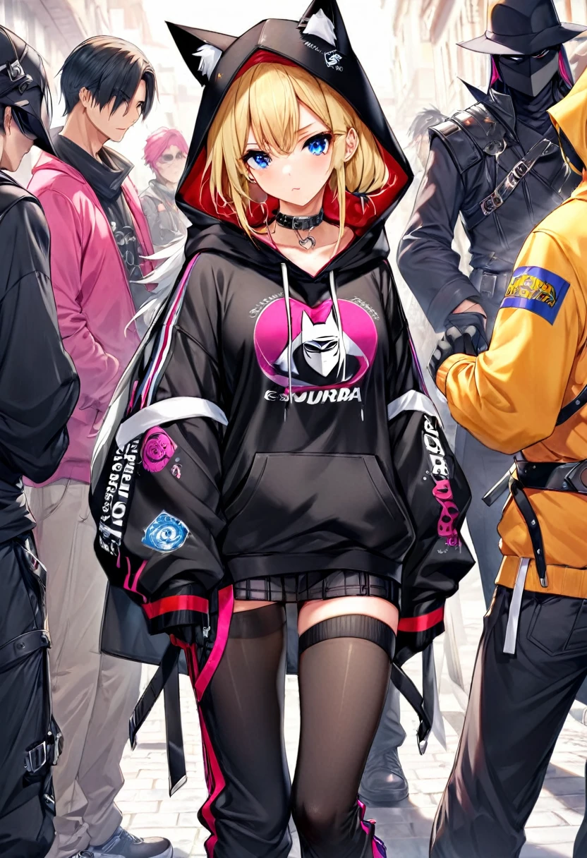 ahi, Liga de la leyenda, sexy para, fondos de pantalla, ojos detallados, oreja de zorro, (colas de zorro), una falda, (pelo largo rosa), pechos medianos, mirando a_Se muestra en la_mirando al espectador, corto_El pelo, guantes, ombligo, fallar, blue_hay ojos, Eterno, lleno_cuerpo, arma, calzado, collares, negro_guantes, pulpa, encapuchado, El pelo_superar_Yoon_hay ojos, cultivador_arriba, sudadera con capucha, negro_pants, zapatillas deportivas, recortado_chaqueta, personaje ciber punk, recortado_sudadera con capucha