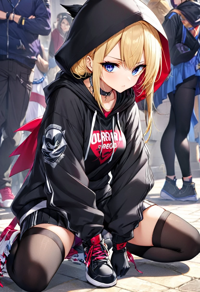 ahi, Liga de la leyenda, sexy para, fondos de pantalla, ojos detallados, oreja de zorro, (colas de zorro), una falda, (pelo largo rosa), pechos medianos, mirando a_Se muestra en la_mirando al espectador, corto_El pelo, guantes, ombligo, fallar, blue_hay ojos, Eterno, lleno_cuerpo, arma, calzado, collares, negro_guantes, pulpa, encapuchado, El pelo_superar_Yoon_hay ojos, cultivador_arriba, sudadera con capucha, negro_pants, zapatillas deportivas, recortado_chaqueta, personaje ciber punk, recortado_sudadera con capucha