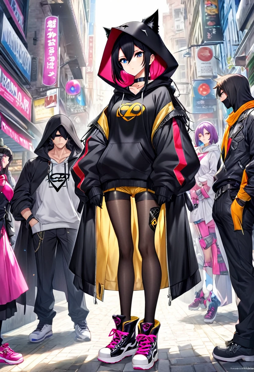ahi, Liga de la leyenda, sexy para, fondos de pantalla, ojos detallados, oreja de zorro, (colas de zorro), una falda, (pelo largo rosa), pechos medianos, mirando a_Se muestra en la_mirando al espectador, corto_El pelo, guantes, ombligo, fallar, blue_hay ojos, Eterno, lleno_cuerpo, arma, calzado, collares, negro_guantes, pulpa, encapuchado, El pelo_superar_Yoon_hay ojos, cultivador_arriba, sudadera con capucha, negro_pants, zapatillas deportivas, recortado_chaqueta, personaje ciber punk, recortado_sudadera con capucha