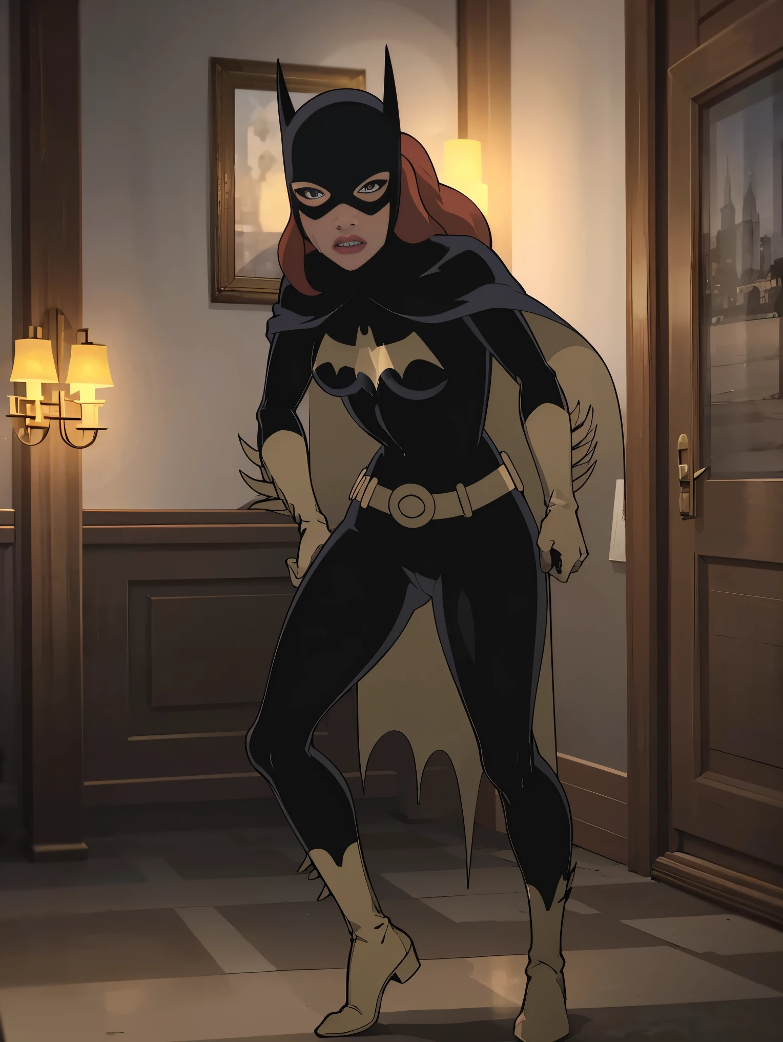 ((full body view)), Batgitlfit, cabelos muito longos, cabelos ruivos, cabelo entre os olhos, rabo de cavalo alto, Fechaduras laterais, olhos azuis, batgirl, roupas brilhantes, body impossible, pele apertada, saia, Olhando para o Viewer apavorada, (pernas musculosas:1.3), ((Acuada e capturada por bandidos na cadeia,acrobatic pose, ))