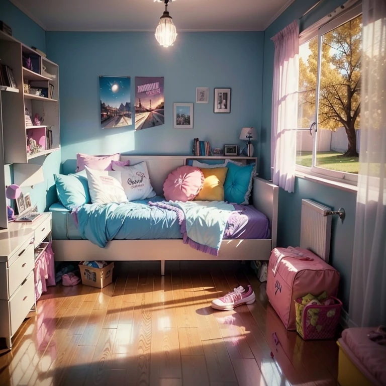(((Teenage girl's room))), Photography, award-winning, cinematic image, (((year 1985))), a room for a teenage girl, Madonna fan, teenage girl's room, (((no window))) , bedroom, sofa, shoes clothes on the floor, Very messy, Women's underwear, panties, (super detailed details), (super detailed CG: 1.2), photographic style, 1980s star posters, Cinematic Lighting, gaming pc, chair gaming, Hyper realistic, super realistic, 8K. (Just the scenery)