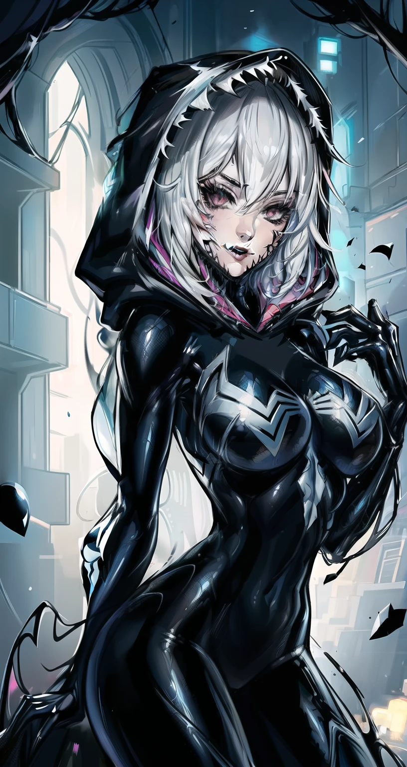 ((best quality)), (highly detailed:1.2), masterpiece, ((official art)),1girl, solo,beautiful face,
symbiote,spider gwen,SVGM,hood, completely black clothing, looking to the side, body to the side, the body is to the side