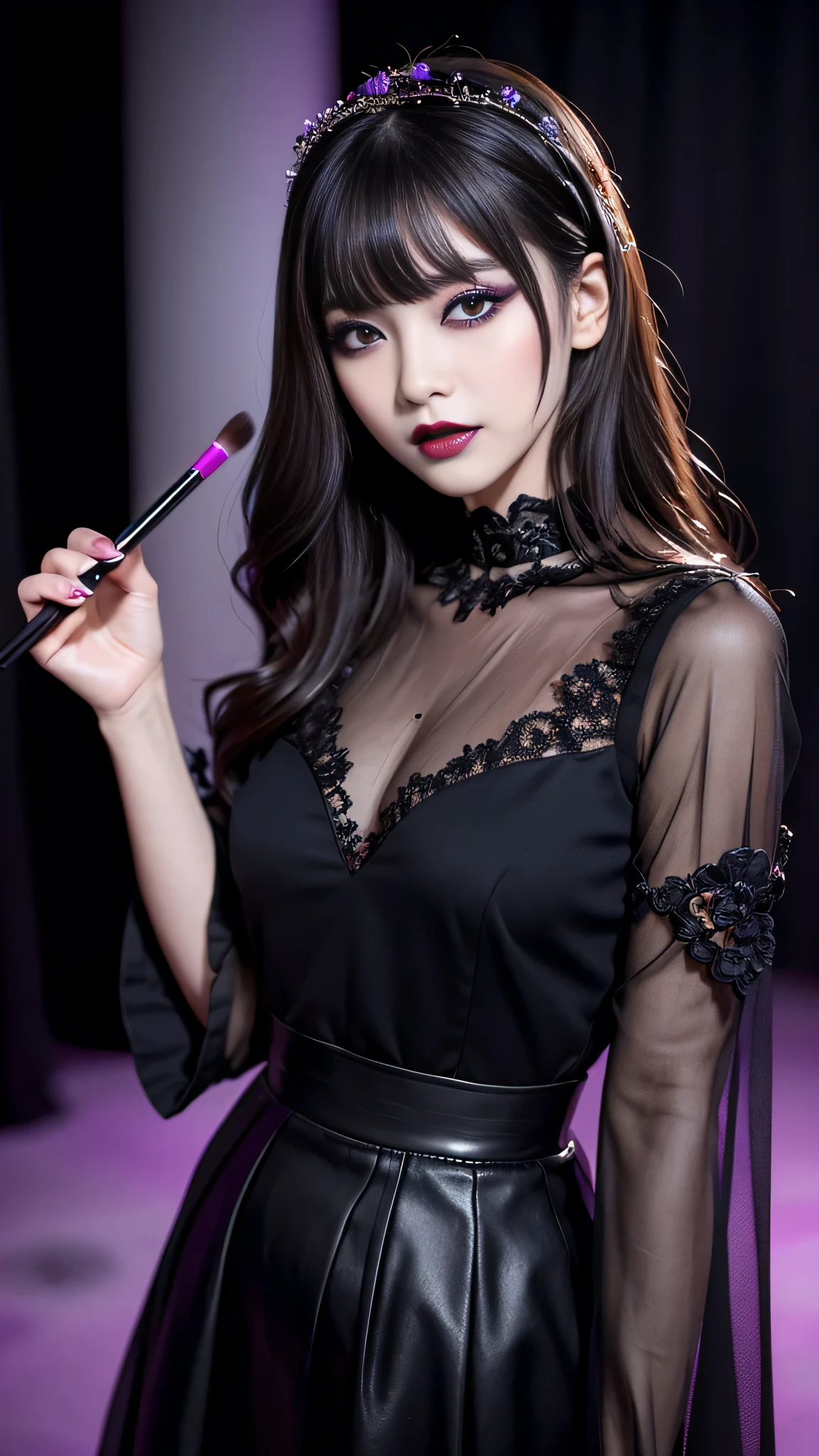 best quality、ultra-detailed、8k、Japanese、Japanese、Seductive beauty、seductive adult woman、Pretty Woman、cool girl、Villainess、brainwash makeup、Brainwashed、brainwash、Fallen into evil、smirk、Evil look、Wicked Smile、evil、Brown hair、wavy hair、swept bangs、dark makeup、dark makeup、piercing eyes、hollow eyes,half-closed eyes、Hollow Eyes、purple Eyeshadow、black lipstick、black lipglos、Lace fabric、black party dress、Wide sleeves、flare skirt、night、inside darkroom、Are standing、Look、Offer、shoot from below、Make up、Have lipstick、Swear allegiance、I have pledged my allegiance、Seduce、Evil female executive、Female Combatant