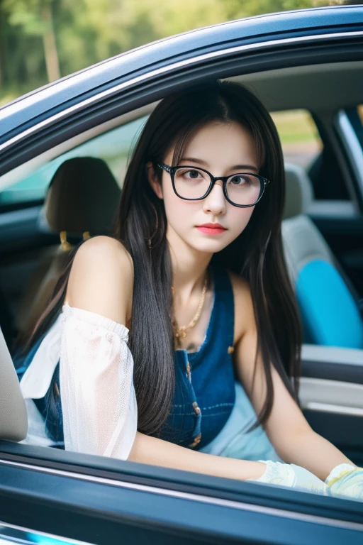 highest quality、masterpiece、High sensitivity、High resolution、One Woman、Slim Body、Glasses、In the passenger seat of the car、sleep