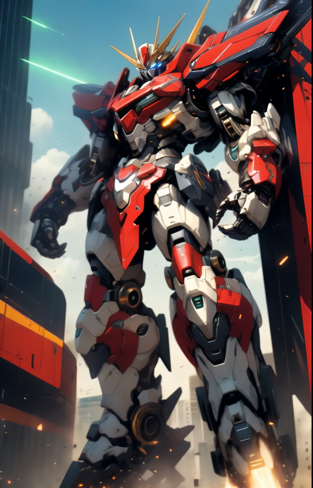 Humanoid Mecha, fully enclosed shoulder guards, matching arm and leg guards, full body, full armor, the design balances heavy with agility, (the color scheme is primarily white with red and blue accents, the concept Inspired by Super robot, organic biotech armor, standing, floating high above the futuristic sci-fi city), exquisite and mature art style, (aura effect, energy, glowing eyes, the armor glows), ((SRS)), metallic, dynamic, dramatic, high definition, best quality, highres, ultra-detailed, ultra-fine painting, extremely delicate, professional, perfect body proportions, anatomically correct, symmetrical face, extremely detailed eyes and face, high quality eyes, creativity, RAW photo, UHD, 32k, Natural light, cinematic lighting, masterpiece-anatomy-perfect, masterpiece:1.5