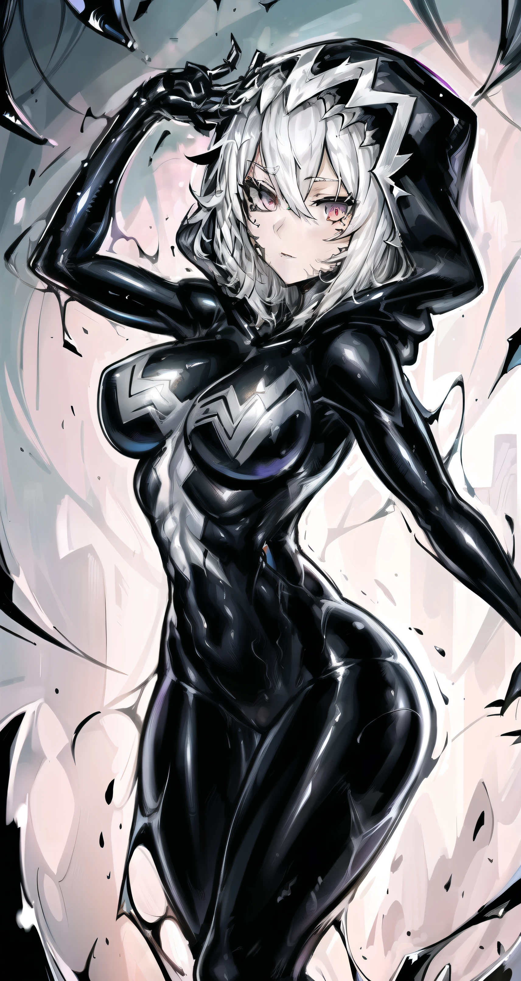 ((best quality)), (highly detailed:1.2), masterpiece, ((official art)),1girl, solo,beautiful face,
symbiote,spider gwen,SVGM,hood, completely black clothing, looking to the side, body to the side, the body is to the side