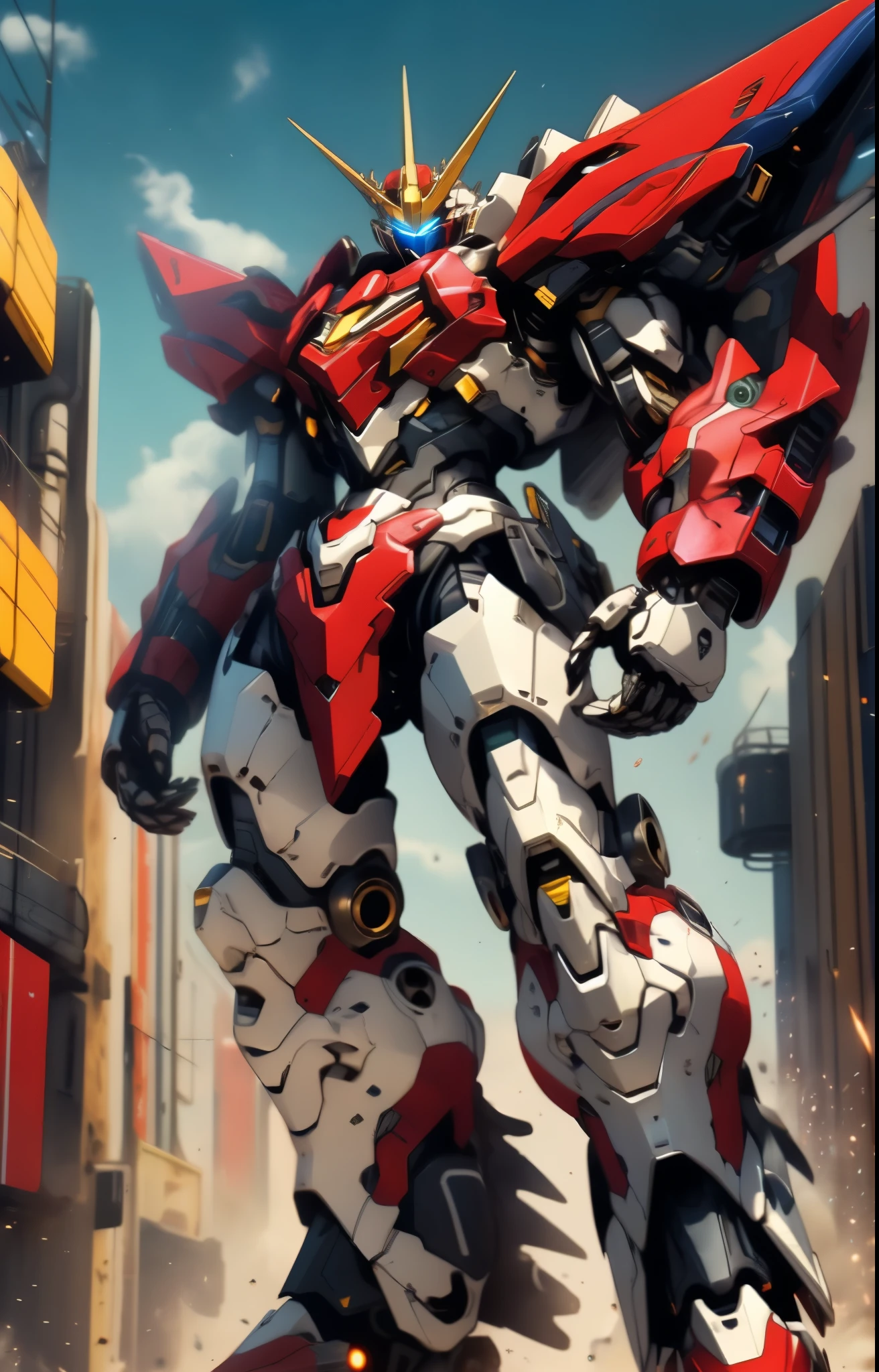 Humanoid Mecha, fully enclosed shoulder guards, matching arm and leg guards, full body, full armor, the design balances heavy with agility, (the color scheme is primarily white with red and blue accents, the concept Inspired by Super robot, organic biotech armor, standing, floating high above the futuristic sci-fi city), exquisite and mature art style, (aura effect, energy, glowing eyes, the armor glows), ((SRS)), metallic, dynamic, dramatic, high definition, best quality, highres, ultra-detailed, ultra-fine painting, extremely delicate, professional, perfect body proportions, anatomically correct, symmetrical face, extremely detailed eyes and face, high quality eyes, creativity, RAW photo, UHD, 32k, Natural light, cinematic lighting, masterpiece-anatomy-perfect, masterpiece:1.5