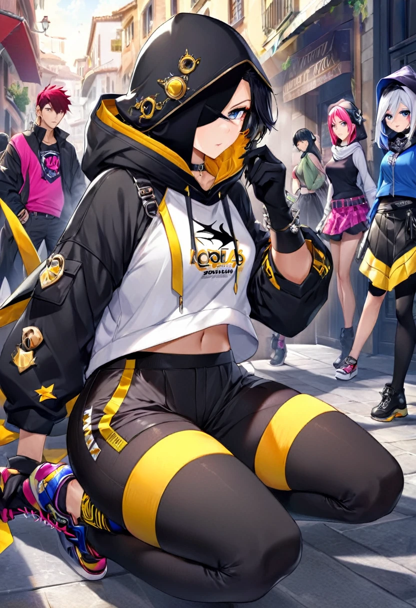 ahi, Liga de la leyenda, sexy para, fondos de pantalla, ojos detallados, oreja de zorro, (colas de zorro), una falda, (pelo largo rosa), pechos medianos, mirando a_Se muestra en la_mirando al espectador, corto_El pelo, guantes, ombligo, fallar, blue_hay ojos, Eterno, lleno_cuerpo, arma, calzado, collares, negro_guantes, pulpa, encapuchado, El pelo_superar_Yoon_hay ojos, cultivador_arriba, sudadera con capucha, negro_pants, zapatillas deportivas, recortado_chaqueta, personaje ciber punk, recortado_sudadera con capucha