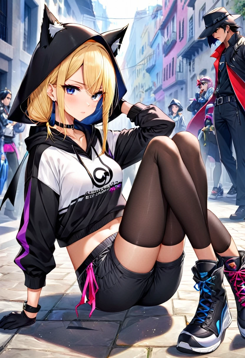 ahi, Liga de la leyenda, sexy para, fondos de pantalla, ojos detallados, oreja de zorro, (colas de zorro), una falda, (pelo largo rosa), pechos medianos, mirando a_Se muestra en la_mirando al espectador, corto_El pelo, guantes, ombligo, fallar, blue_hay ojos, Eterno, lleno_cuerpo, arma, calzado, collares, negro_guantes, pulpa, encapuchado, El pelo_superar_Yoon_hay ojos, cultivador_arriba, sudadera con capucha, negro_pants, zapatillas deportivas, recortado_chaqueta, personaje ciber punk, recortado_sudadera con capucha