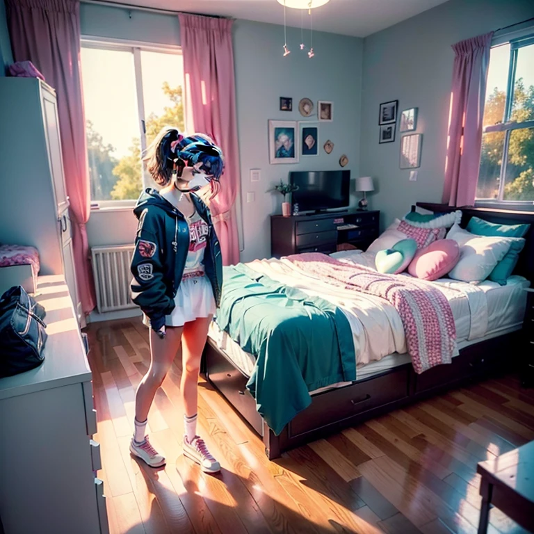 (((age girl's room))), Photography, award-winning, cinematic image, (((year 1985))), a room for a teengirl, Madonna fan, teenage 's room, (((no window))) , bedroom, sofa, shoes clothes on the floor, Very messy, Women's underwear, panties, (super detailed details), (super detailed CG: 1.2), photographic style, 1980s star posters, Cinematic Lighting, gaming pc, chair gaming, Hyper realistic, super realistic, 8K. (Just the scenery), (((absolutely no windows)))