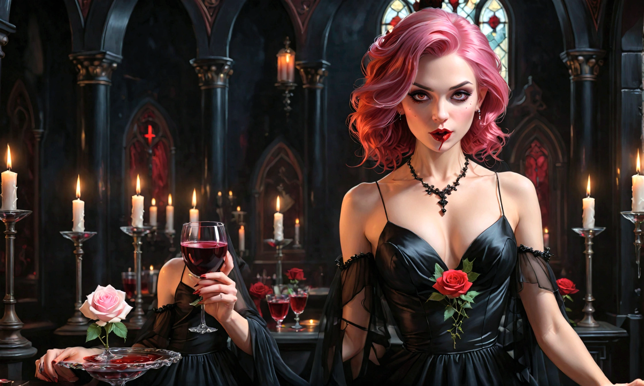 Arafed, dark fantasy art, glamour shot, award winning shot, photorealistic, a portrait of a female vampire drinking a glass of blood,, pink hair, long hair, red lips, glowing eyes, there is an imprint of white rose, dynamic color, she wears, an elegant (black dress: 1.5), catholic church and altar background, bar background, 16k, ultra detailed, masterpiece, best quality, (extremely detailed), Dark Art Painting Style